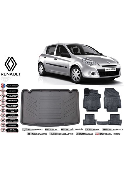 Clio 3 2009 Model Kancalı Bagaj Havuzu Araca Özel Siyah Havuzlu Paspas Takımı Sett