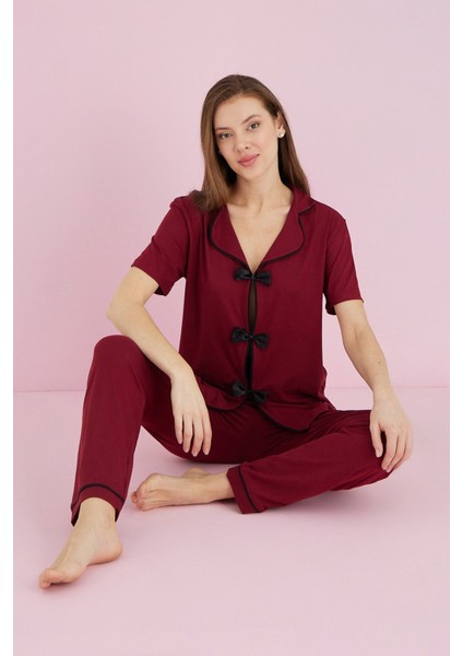 Fiyonklu Gömlek Yaka Pijama Takımı