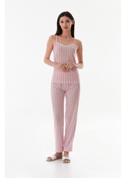 Kalın Çizgili Askılı Dantelli Pijama Takımı