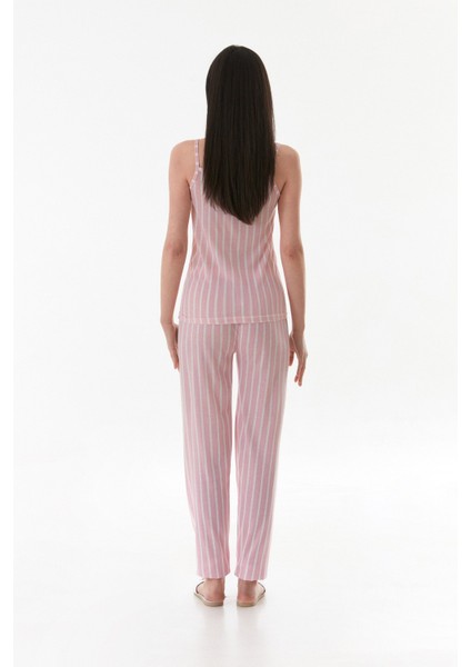 Kalın Çizgili Askılı Dantelli Pijama Takımı