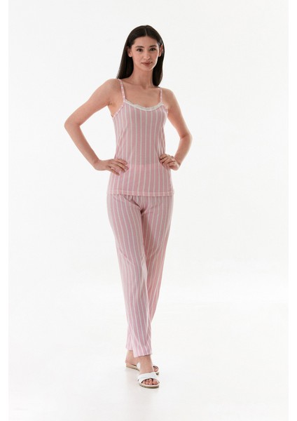Kalın Çizgili Askılı Dantelli Pijama Takımı