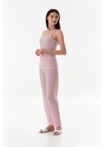 Kalın Çizgili Askılı Dantelli Pijama Takımı