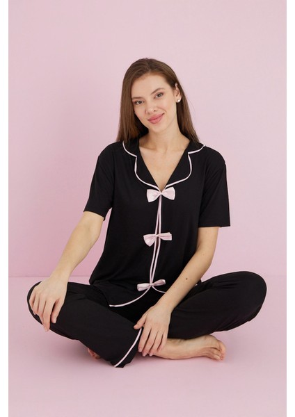 Fiyonklu Gömlek Yaka Pijama Takımı