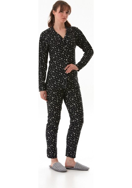 Kar Tanesi Desenli Gömlek Yaka Süet Pijama Takımı