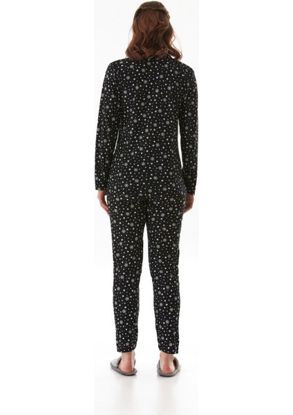 Kar Tanesi Desenli Gömlek Yaka Süet Pijama Takımı