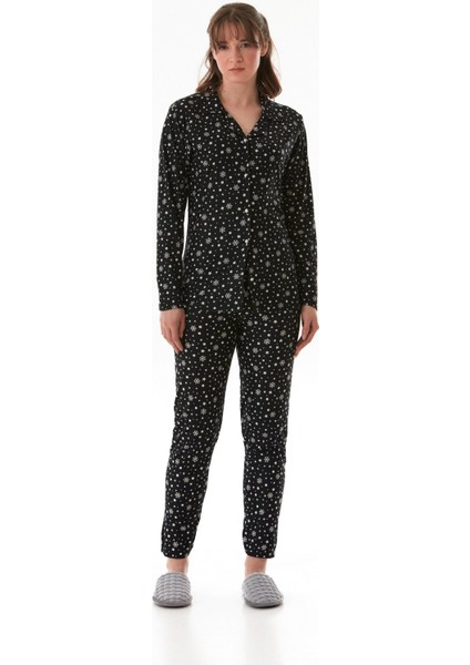 Kar Tanesi Desenli Gömlek Yaka Süet Pijama Takımı