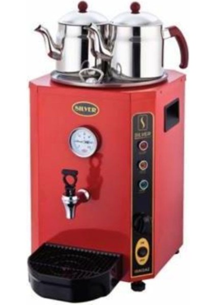 Işıkgaz Silverinox Kırmızı Çay Kazanı Çay Makinası 2 Demlikli 23 Litre