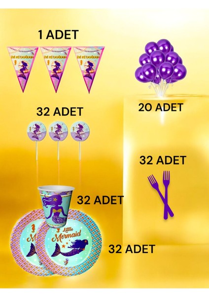 32 Kişilik Deniz Kızı Temalı M Paket - Doğum Günü Parti ve Eğlenceli Etkinlikler