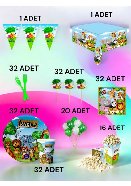 32 Kişilik Safari Temalı x l Paket - Doğum Günü Parti ve Eğlenceli Etkinlikler