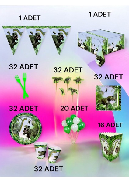 32 Kişilik Dinazor Temalı x l Paket - Doğum Günü Parti ve Eğlenceli Etkinlikler