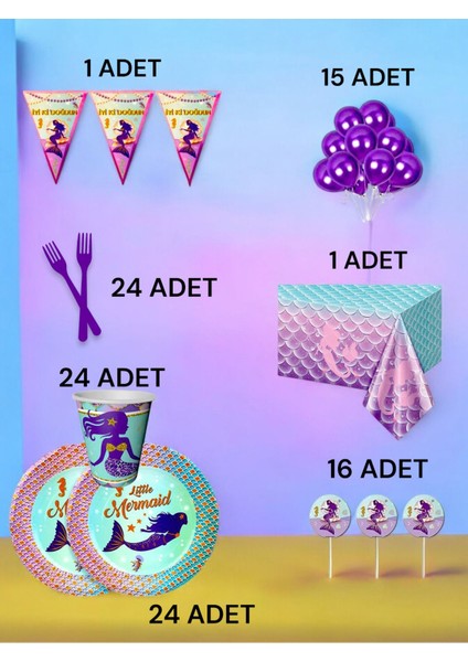 24 Kişilik Deniz Kızı Temalı L Paket - Doğum Günü Parti ve Eğlenceli Etkinlikler