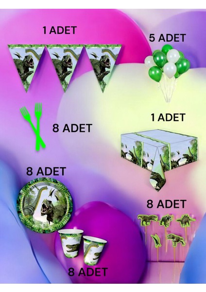 8 Kişilik Dinazor Temalı L Paket - Doğum Günü Parti ve Eğlenceli Etkinlikler
