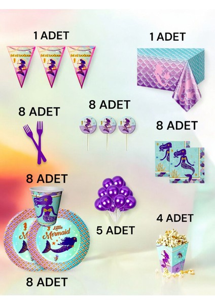 8 Kişilik Deniz Kızı Temalı x l Paket - Doğum Günü Parti ve Eğlenceli Etkinlikler