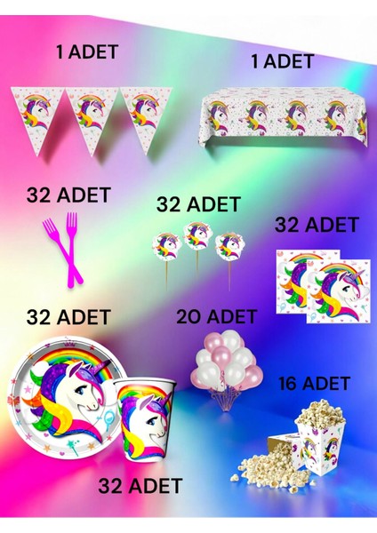 32 Kişilik Unicorn Temalı x l Paket - Doğum Günü Parti ve Eğlenceli Etkinlikler