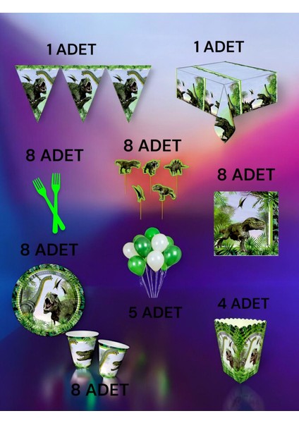 8 Kişilik Dinazor Temalı x l Paket - Doğum Günü Parti ve Eğlenceli Etkinlikler