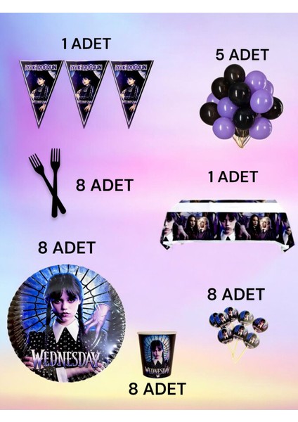 8 Kişilik Wednesday Temalı L Paket - Doğum Günü Parti ve Eğlenceli Etkinlikler
