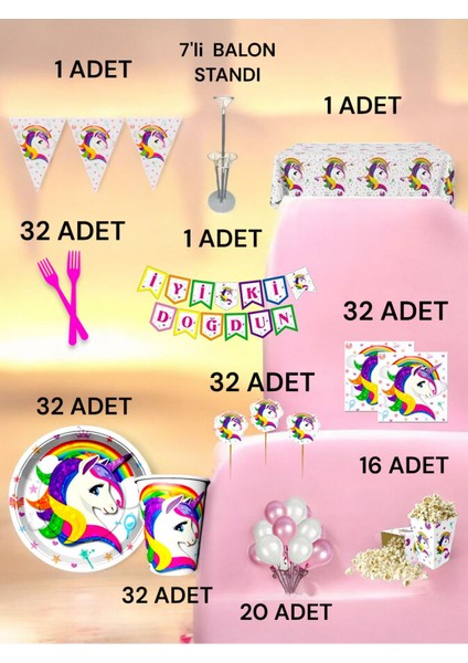 32 Kişilik Unicorn Temalı 2xl Paket - Doğum Günü Parti ve Eğlenceli Etkinlikler fiyatları
