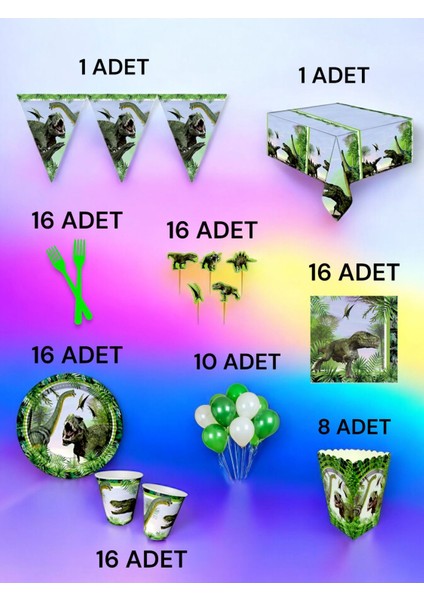 16 Kişilik Dinazor Temalı x l Paket - Doğum Günü Parti ve Eğlenceli Etkinlikler
