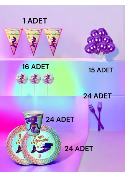 24 Kişilik Deniz Kızı Temalı M Paket - Doğum Günü Parti ve Eğlenceli Etkinlikler