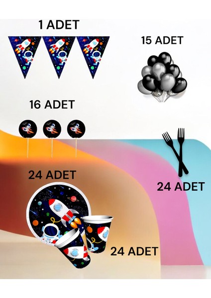 24 Kişilik Uzay Temalı M Paket - Doğum Günü Parti ve Eğlenceli Etkinlikler