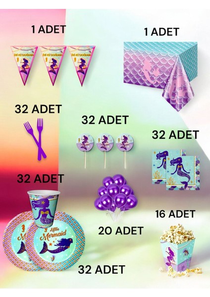 32 Kişilik Deniz Kızı Temalı x l Paket - Doğum Günü Parti ve Eğlenceli Etkinlikler