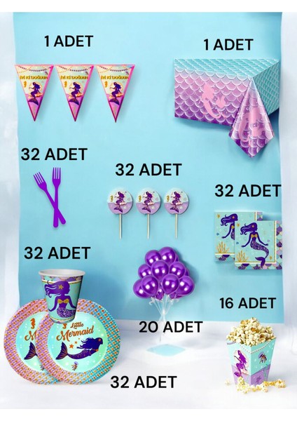 32 Kişilik Deniz Kızı Temalı x l Paket - Doğum Günü Parti ve Eğlenceli Etkinlikler