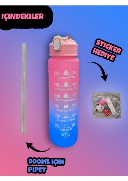 Motivasyonel Su Matarası Pembe Suluk 900ML Spor Salonu Su Şişesi