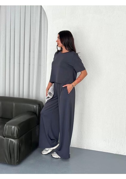 Osy Modal Yumuşak Dokulu Kumaş Bisiklet Yaka T-Shirt Bol Paça Pantalon Ikili Takım -Antrasit