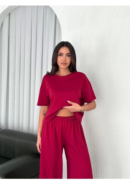 Osy Modal Yumuşak Dokulu Kumaş Bisiklet Yaka T-Shirt Bol Paça Pantalon Ikili Takım -Bordo