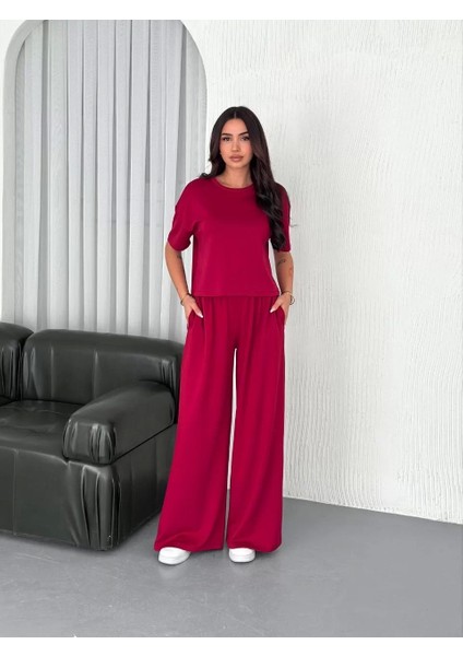 Osy Modal Yumuşak Dokulu Kumaş Bisiklet Yaka T-Shirt Bol Paça Pantalon Ikili Takım -Bordo