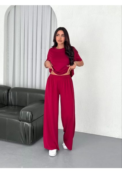 Osy Modal Yumuşak Dokulu Kumaş Bisiklet Yaka T-Shirt Bol Paça Pantalon Ikili Takım -Bordo