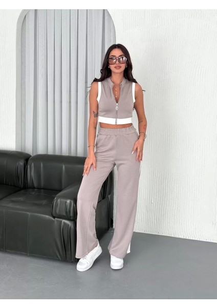 Osy Modal Yumuşak Dokulu Kumaş Tam Fermuarlı Crop Pantalon Ikili Takım - Gri