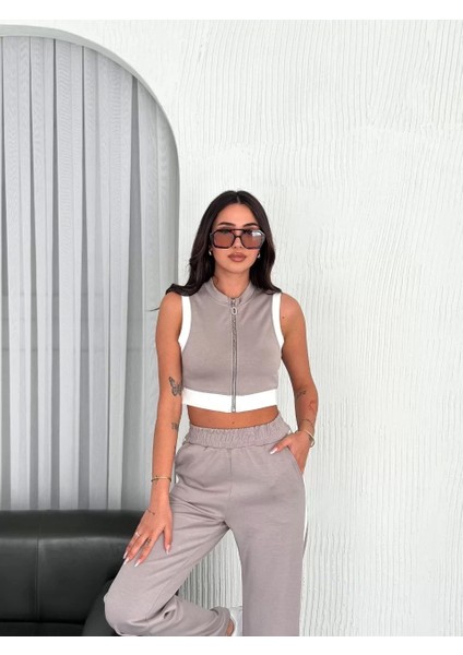 Osy Modal Yumuşak Dokulu Kumaş Tam Fermuarlı Crop Pantalon Ikili Takım - Gri