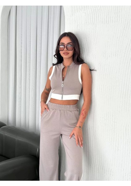 Osy Modal Yumuşak Dokulu Kumaş Tam Fermuarlı Crop Pantalon Ikili Takım - Gri