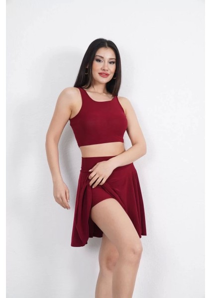 Crop Şortlu Etek Ikili Takım - Bordo