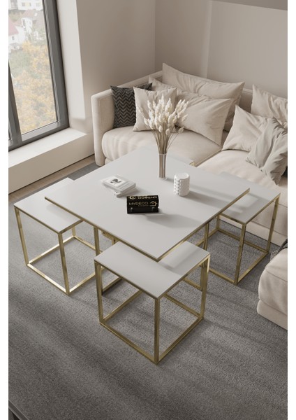 5'li Orta Sehpa Gold Ayak Beyaz 10 mm Glossmax MDF Membran