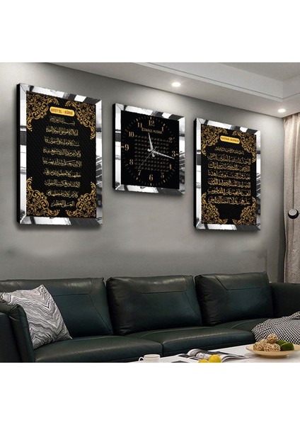 Gümüş Aynalı Pleksi Çerçeveli Ayetel Kürsi Fatiha Süresi ve Esmaül Hüsna Üçlü Mdf Tablo ve Saat Seti
