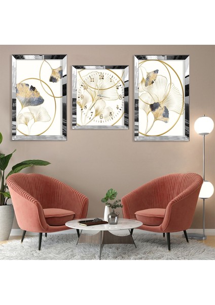 Minimalist Çiçek Soyut Desen Gümüş Pleksi Kenar Üçlü Mdf Tablo Seti ve Saat Seti