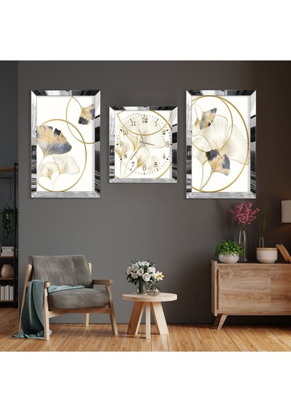 Minimalist Çiçek Soyut Desen Gümüş Pleksi Kenar Üçlü Mdf Tablo Seti ve Saat Seti