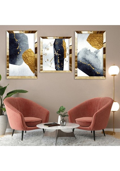 Soyut Desen Gold Pleksi Kenar Üçlü Mdf Tablo Seti ve Saat Seti