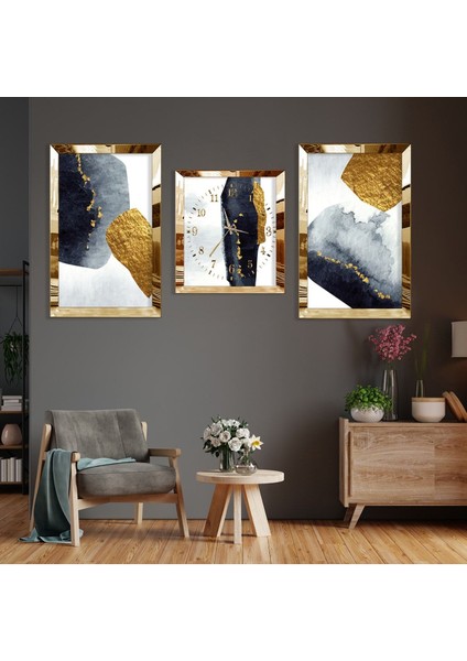 Soyut Desen Gold Pleksi Kenar Üçlü Mdf Tablo Seti ve Saat Seti