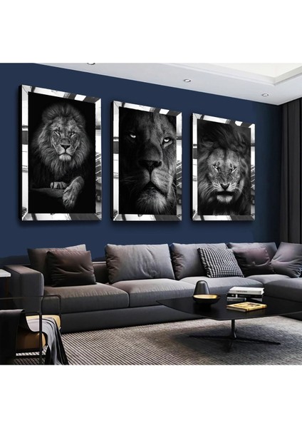 Gümüş Aynalı Pleksi Çerçeveli Ormanlar Kralı Aslan Gümüş Üçlü Mdf Tablo Seti