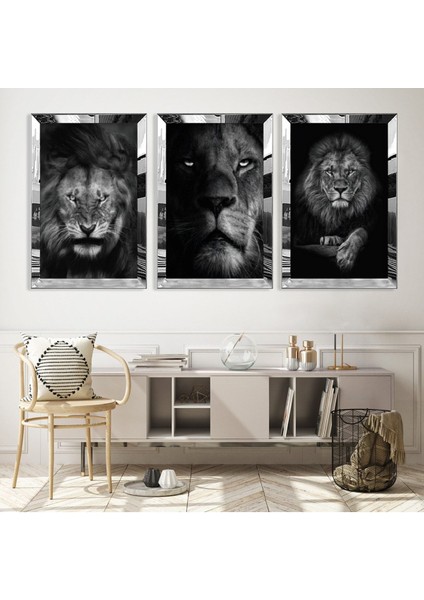 Gümüş Aynalı Pleksi Çerçeveli Ormanlar Kralı Aslan Gümüş Üçlü Mdf Tablo Seti fiyatları