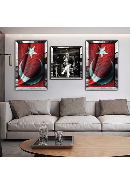Gümüş Aynalı Pleksi Çerçeveli Mustafa Kemal Atatürk Aynalı Üçlü Mdf Tablo Seti ve Saat Seti