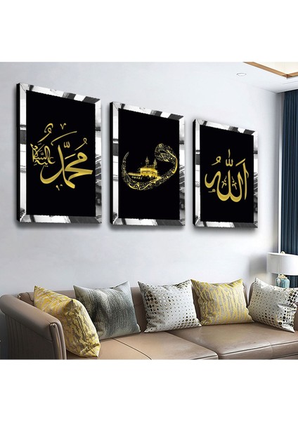 Gümüş Aynalı Pleksi Çerçeveli Hz Muhammed ve Allah Lafzı Dini Üçlü Mdf Tablo Seti