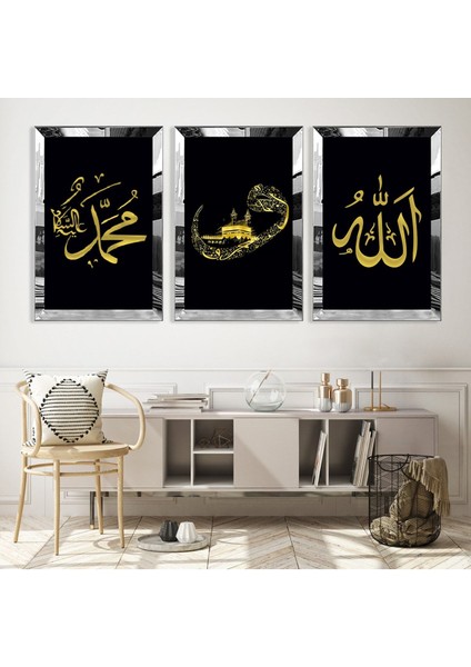 Gümüş Aynalı Pleksi Çerçeveli Hz Muhammed ve Allah Lafzı Dini Üçlü Mdf Tablo Seti fiyatları