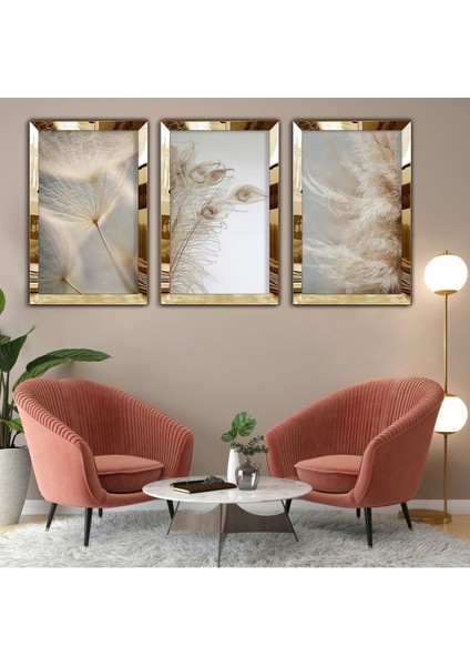 Gold Aynalı Pleksi Çerçeveli Kolaj Çizim Üçlü Mdf Tablo Seti