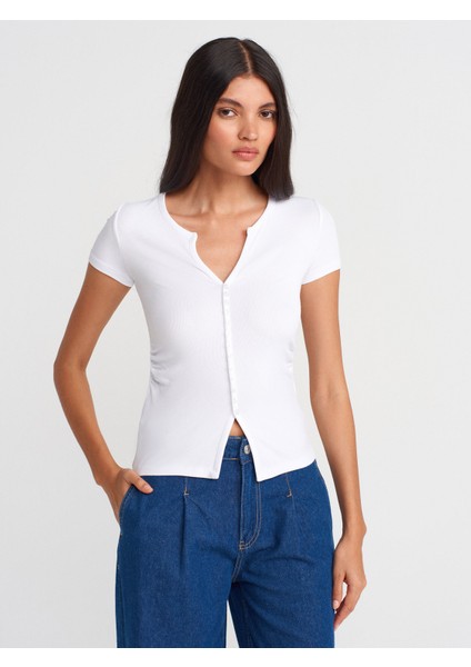 31838 Düğmeli Kısa Kollu Top-Açık Pembe