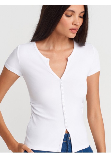 31838 Düğmeli Kısa Kollu Top-Açık Pembe modelleri