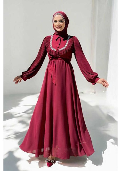 Pilise Kol Detaylı Elbise 3949 Bordo